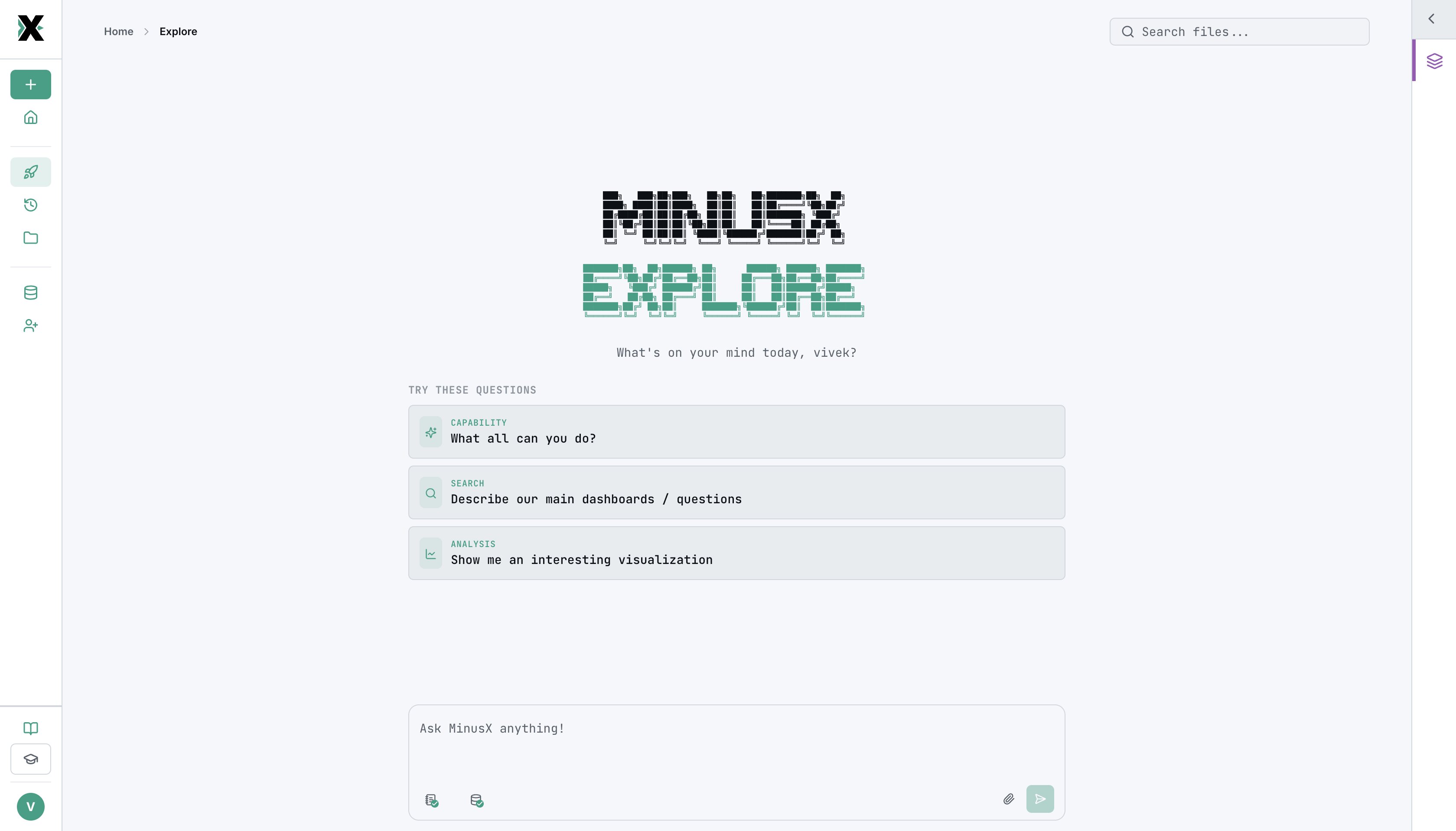 MinusX in action — ask questions, build dashboards